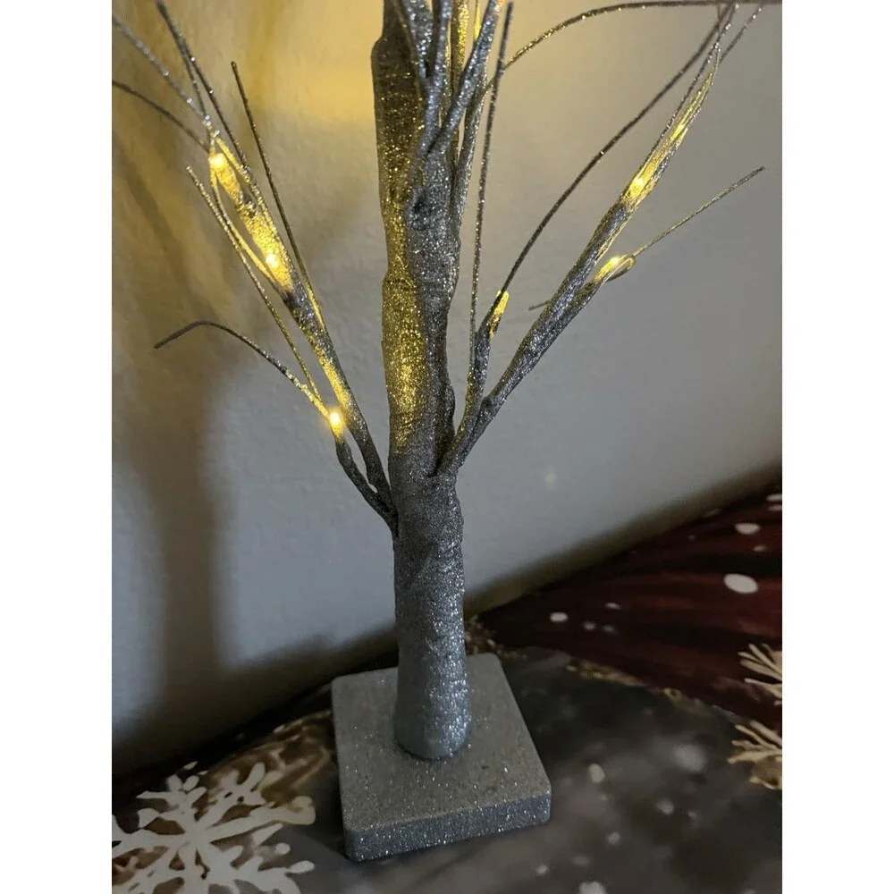 Lighted Birch Christmas Tree Decor Glittered LED Lamp Battery Operated Grey